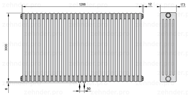 Схема (чертеж) Радиатор Zehnder Charleston 5300/28 №3470 Белый глянцевый RAL 9016